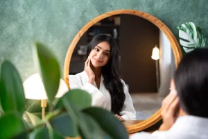 li woman skin care mirror green wall plants